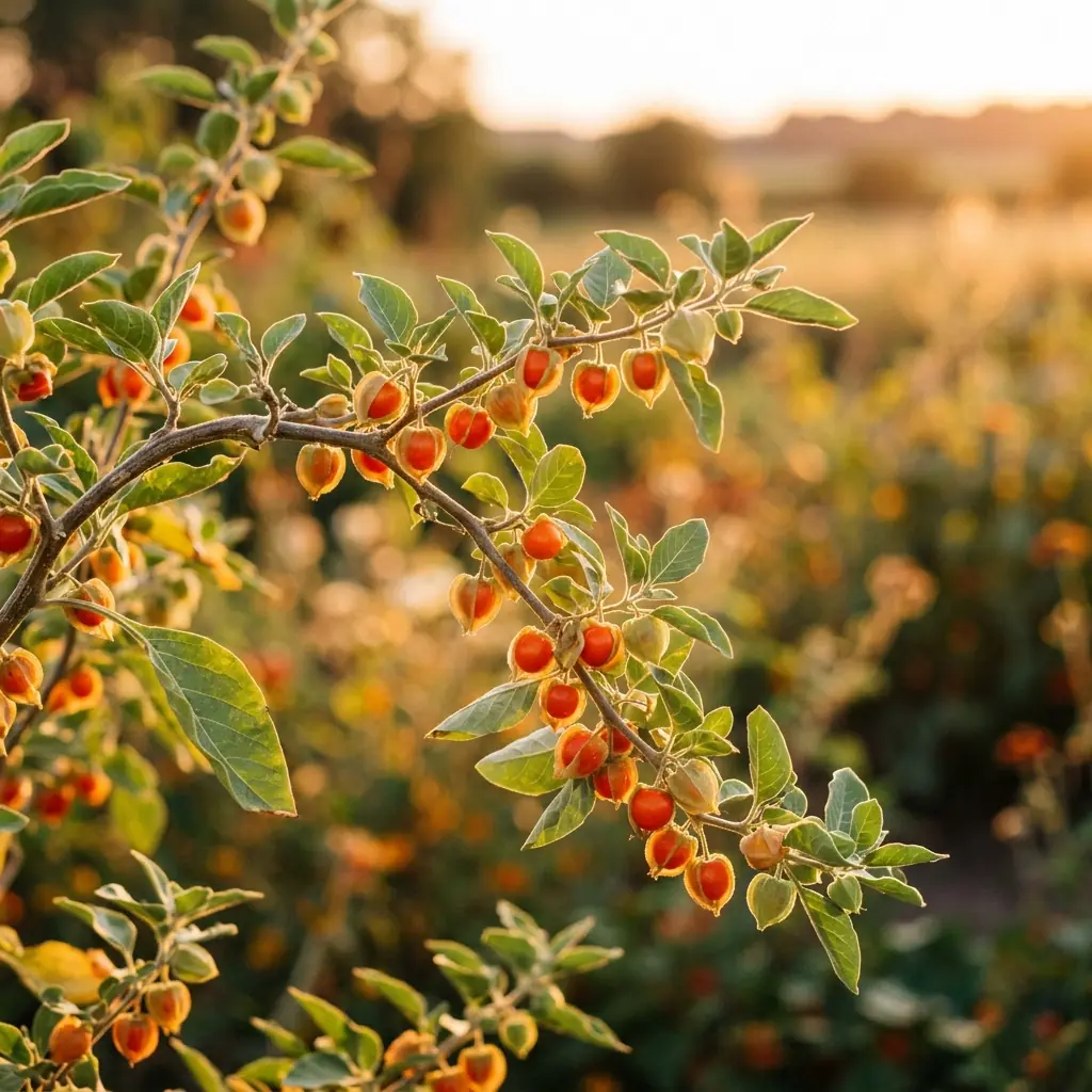 Ashwagandha berries growing on the plant